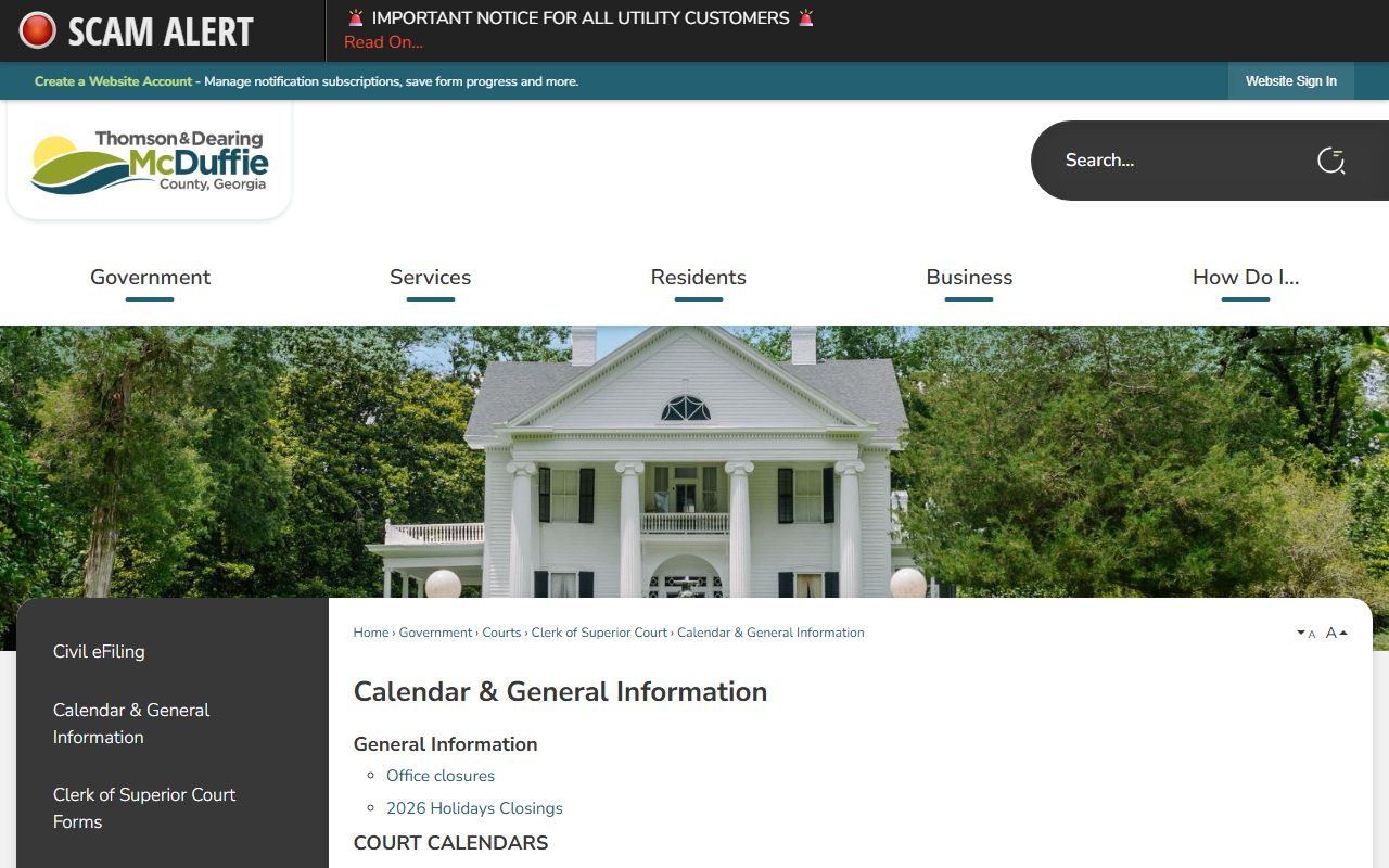 McDuffie County court dockets Calendar and General Information page