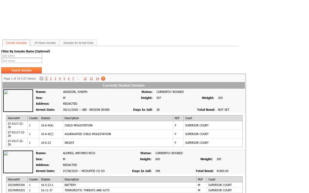 McDuffie County inmate records jail population listing