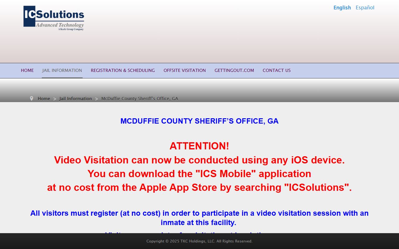McDuffie County inmate records video visitation schedule page