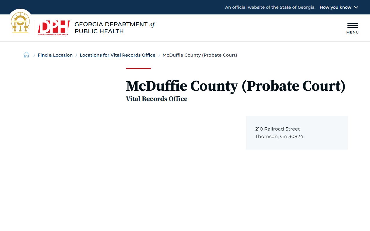 McDuffie County probate records Georgia DPH Probate Court listing