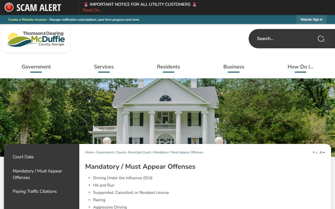 McDuffie County traffic court records mandatory appearance offenses
