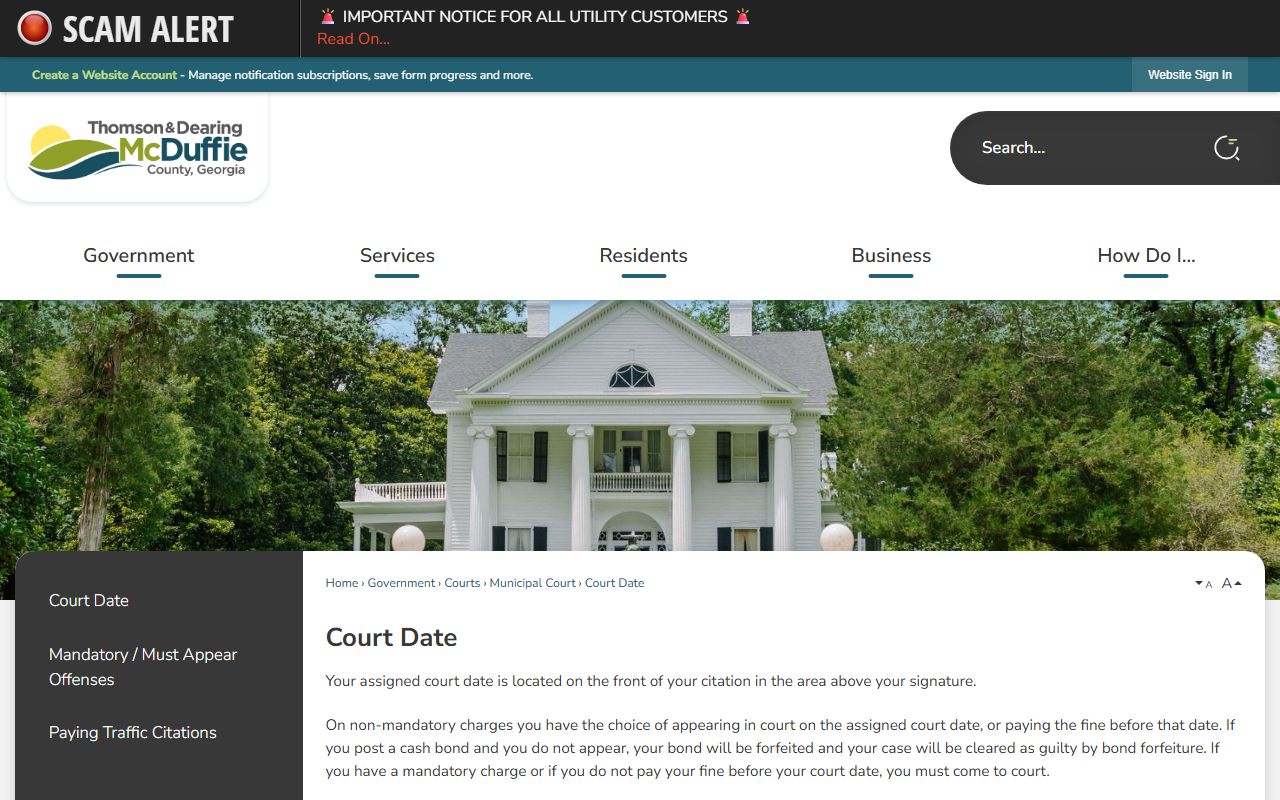 McDuffie County traffic court records Municipal Court date information