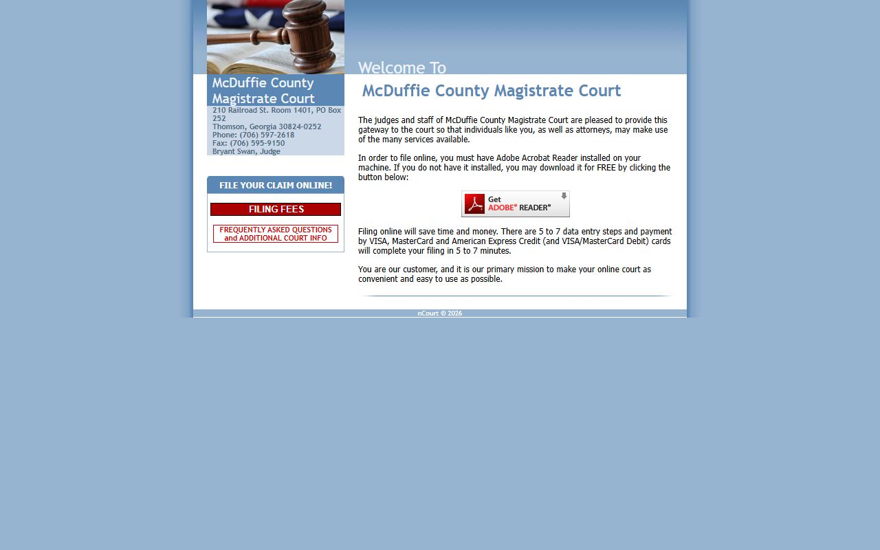 McDuffie County warrant records Magistrate Court e-file page